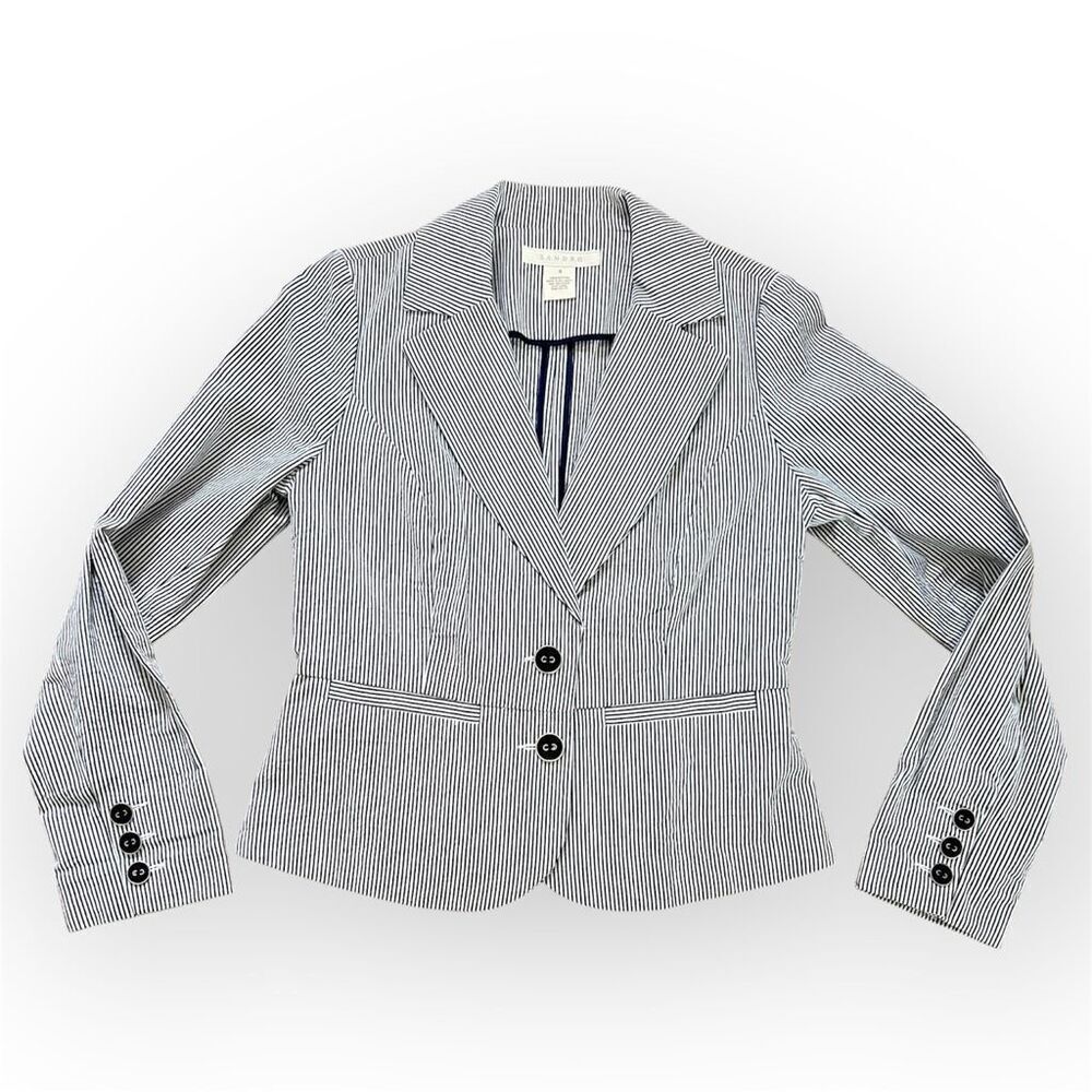 Sandro Seersucker Navy Blue White Pinstripe Cotton Blazer Jacket Women's Small